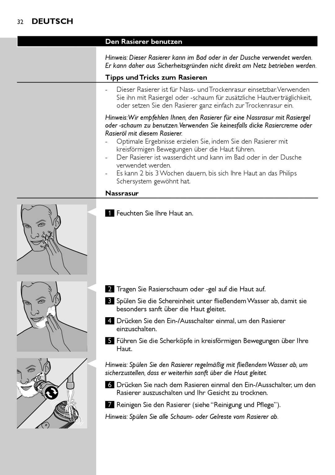 Philips AT751, AT800, AT754, AT700 manual Den Rasierer benutzen, Tipps und Tricks zum Rasieren, Nassrasur 