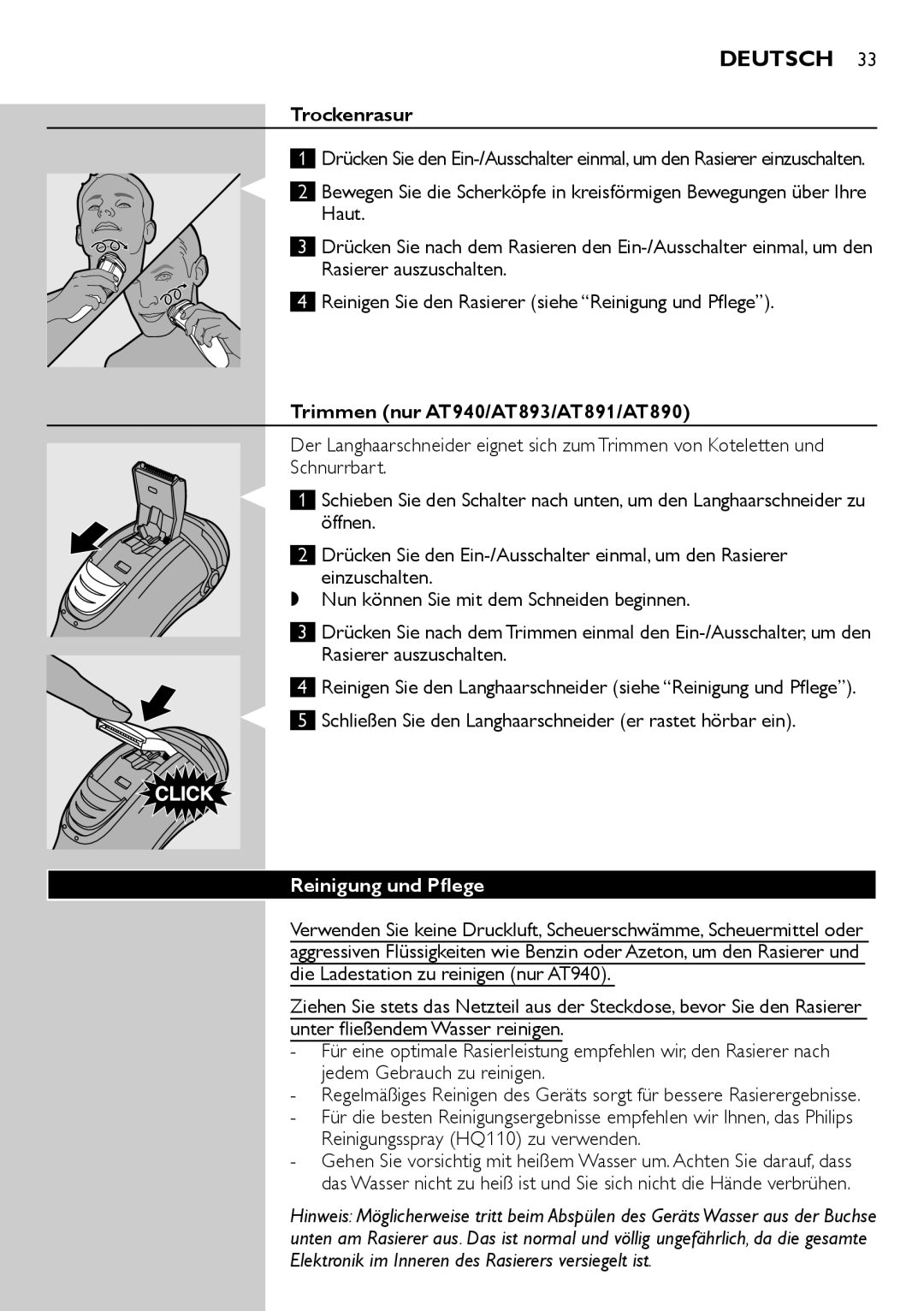 Philips AT800 Trockenrasur, Trimmen nur AT940/AT893/AT891/AT890, Reinigung und Pflege, Reinigungsspray HQ110 zu verwenden 