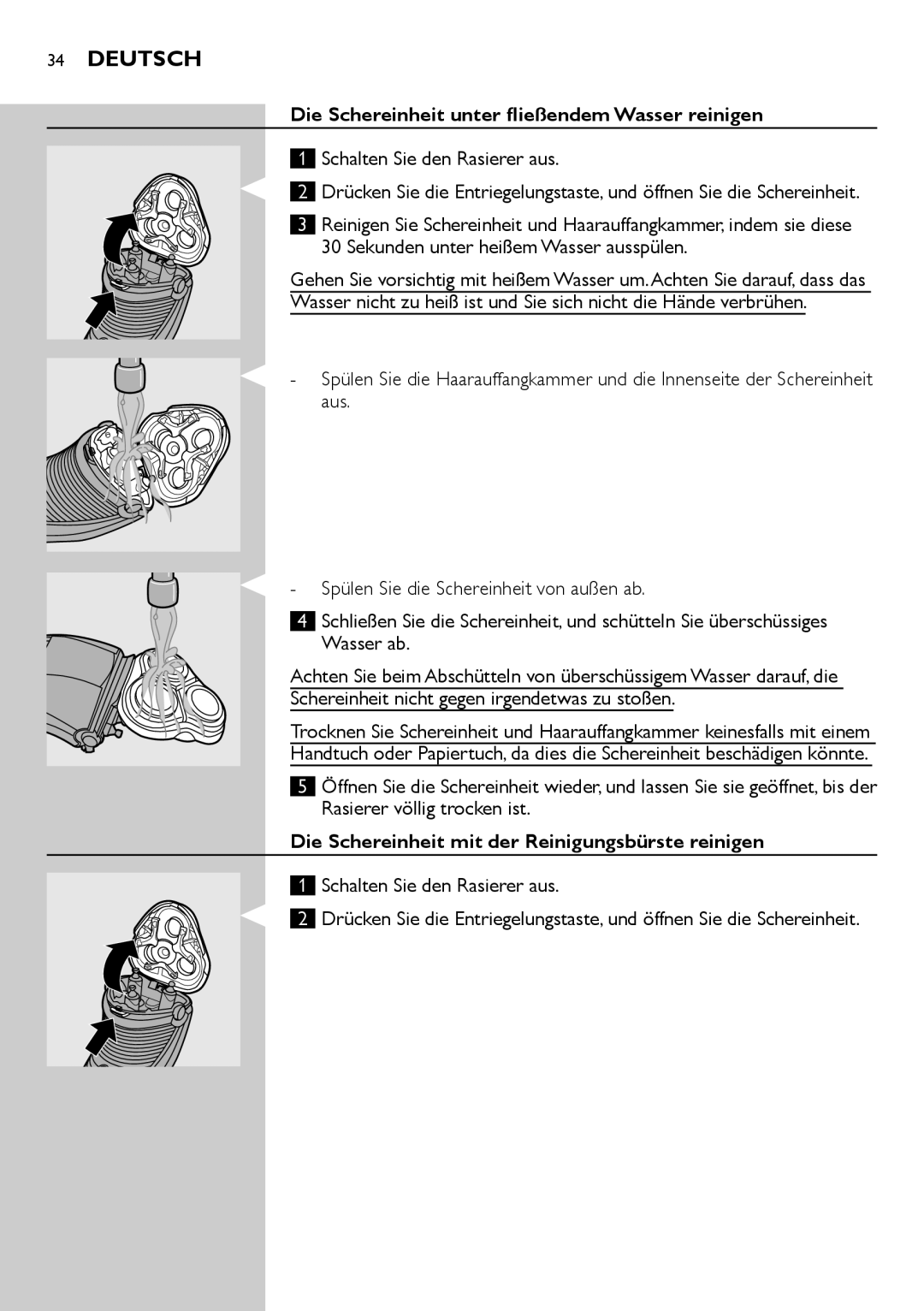 Philips AT754, AT751, AT800, AT700 manual Die Schereinheit unter fließendem Wasser reinigen, Schalten Sie den Rasierer aus 