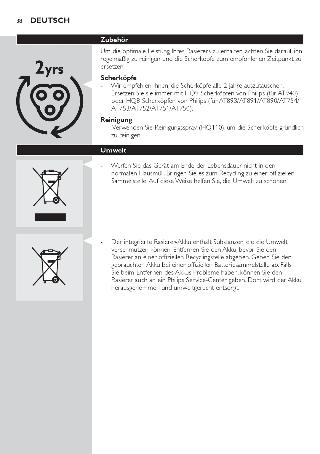 Philips AT754, AT751, AT800, AT700 manual Zubehör, Scherköpfe, Reinigung, Umwelt 