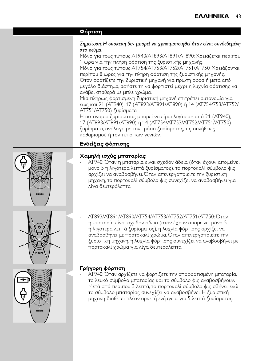 Philips AT700, AT751, AT800, AT754 manual Ελληνικα, Φόρτιση, Ενδείξεις φόρτισης Χαμηλή ισχύς μπαταρίας, Γρήγορη φόρτιση 