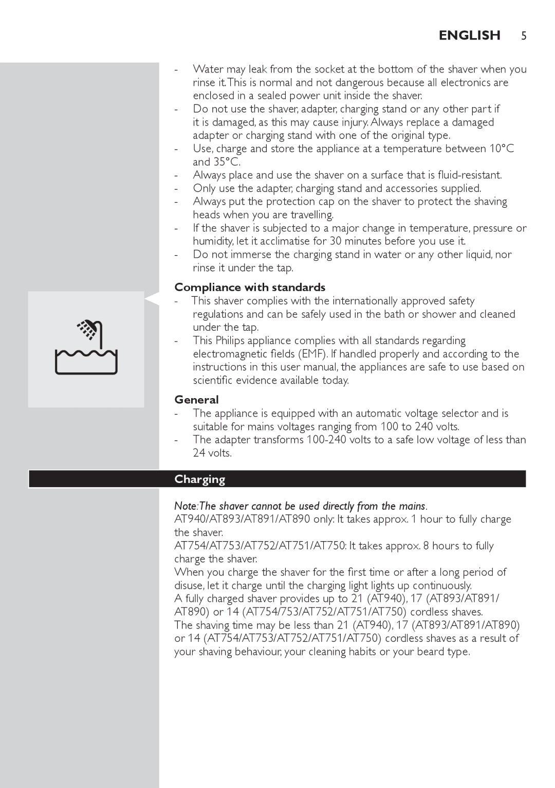 Philips AT800, AT751, AT754, AT700 manual English, Compliance with standards, General, Charging 