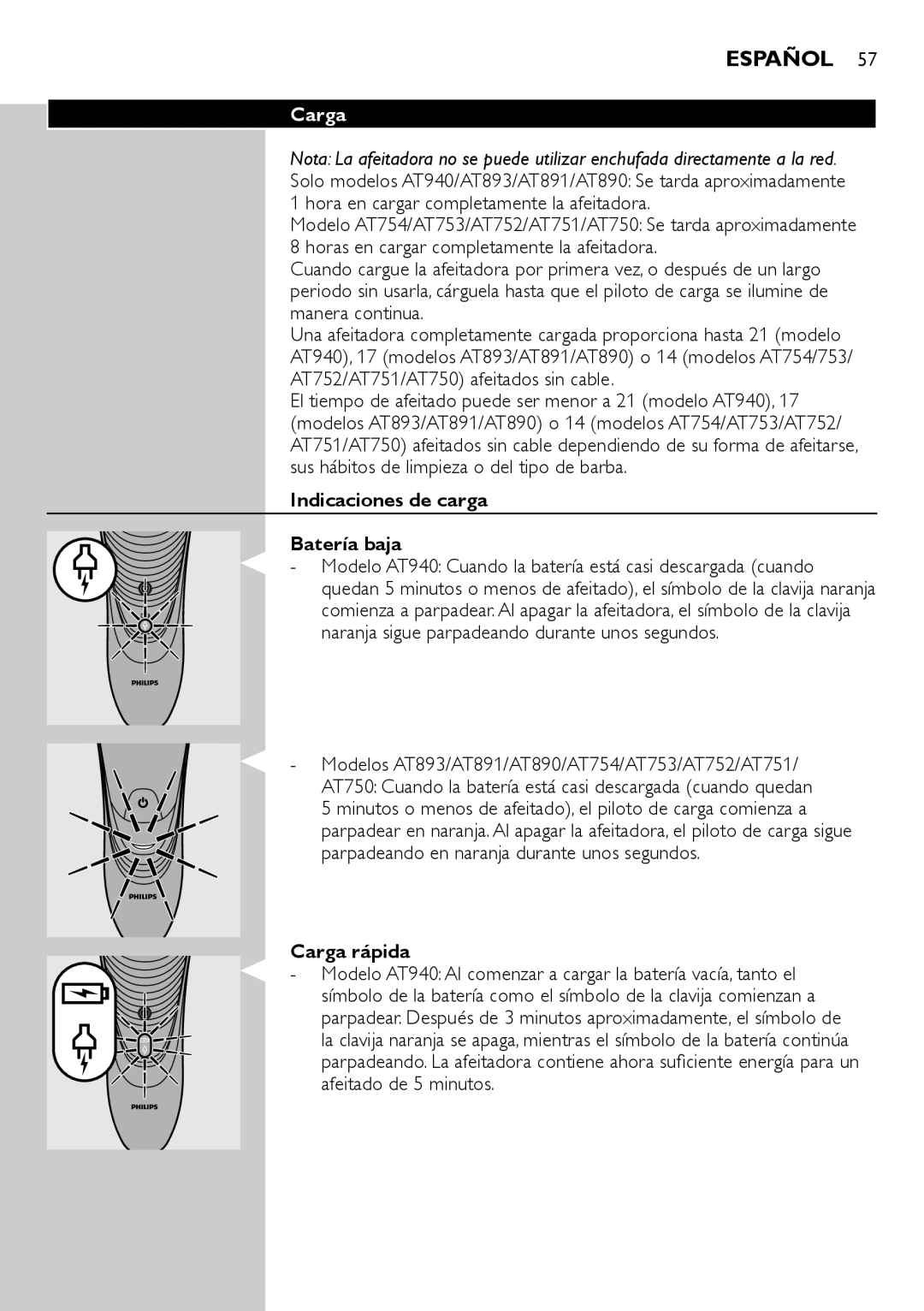 Philips AT800, AT751, AT754, AT700 manual Indicaciones de carga Batería baja, Carga rápida 