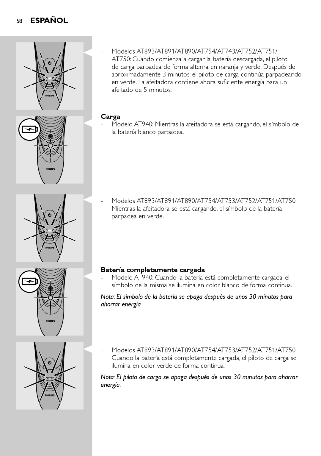 Philips AT754, AT751, AT800, AT700 manual Carga, Batería completamente cargada 