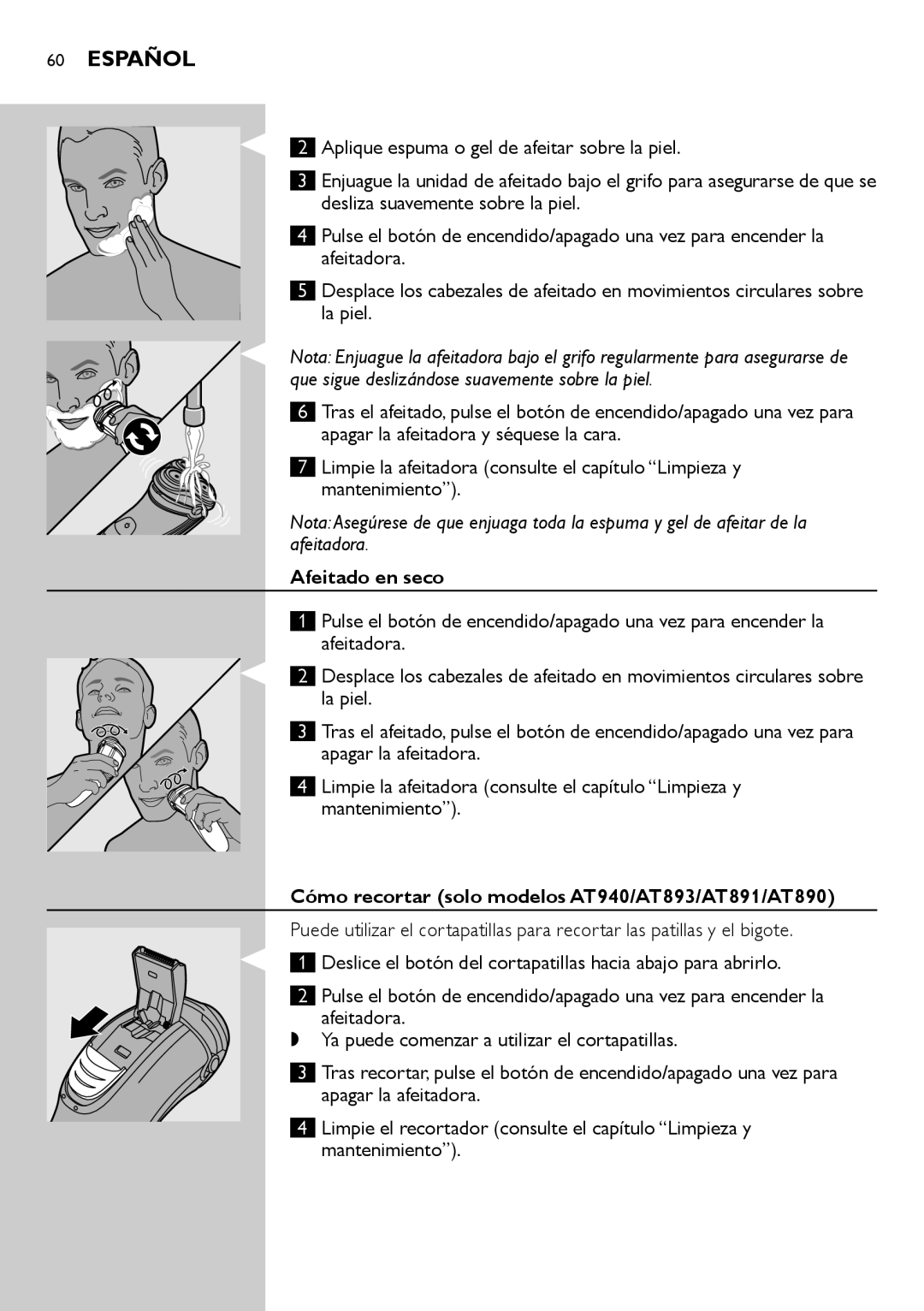 Philips AT751, AT800, AT754, AT700 manual Afeitado en seco, Cómo recortar solo modelos AT940/AT893/AT891/AT890 
