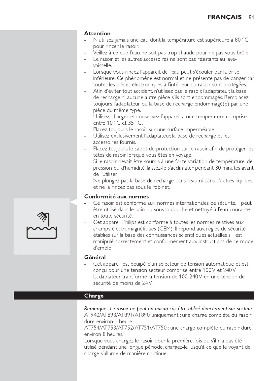 Philips AT800, AT751, AT754, AT700 manual Français, Vaisselle, Conformité aux normes, Général, Charge 