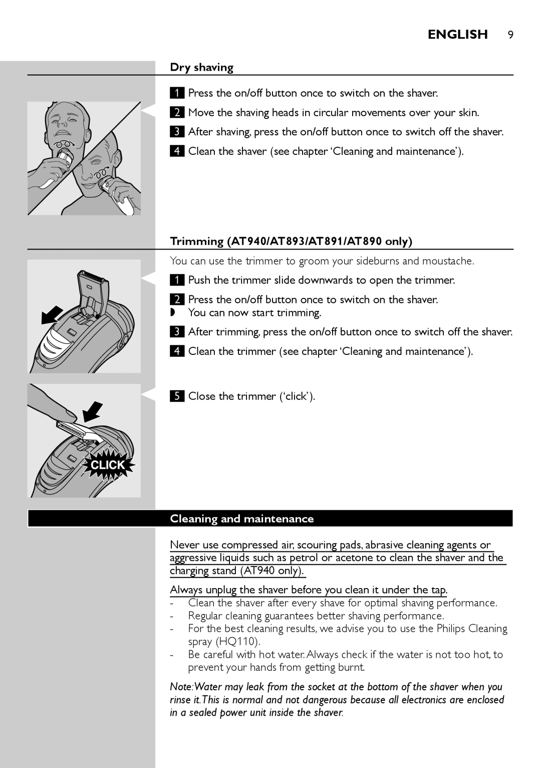 Philips AT800, AT751, AT754, AT700 manual Dry shaving, Trimming AT940/AT893/AT891/AT890 only, Cleaning and maintenance 