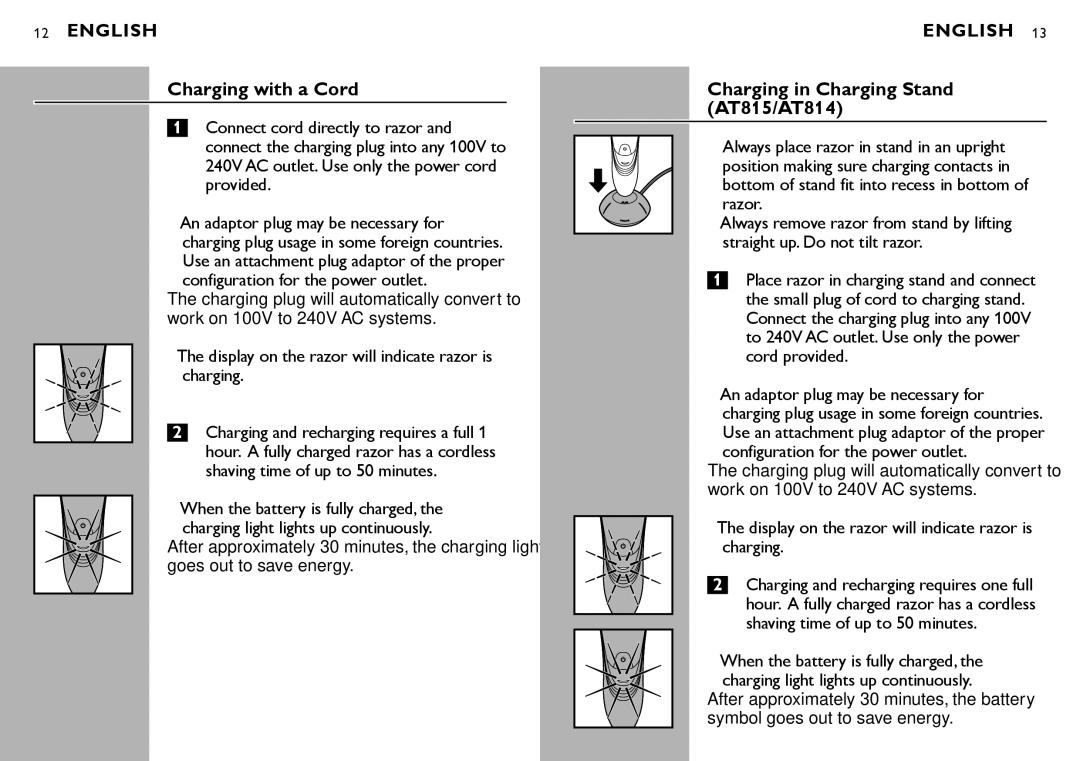 Philips AT810 manual Charging with a Cord, Charging in Charging Stand AT815/AT814, An adaptor plug may be necessary for 