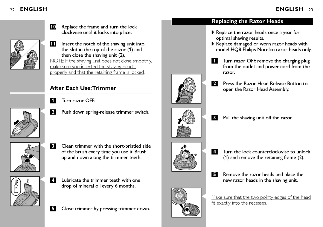 Philips AT875, AT830 manual After Each UseTrimmer, Replacing the Razor Heads 