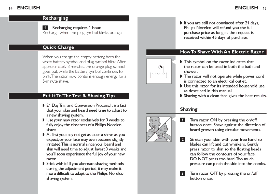 Philips AT875, AT830 manual Recharging, Quick Charge, Put It To The Test & Shaving Tips, HowTo Shave With An Electric Razor 