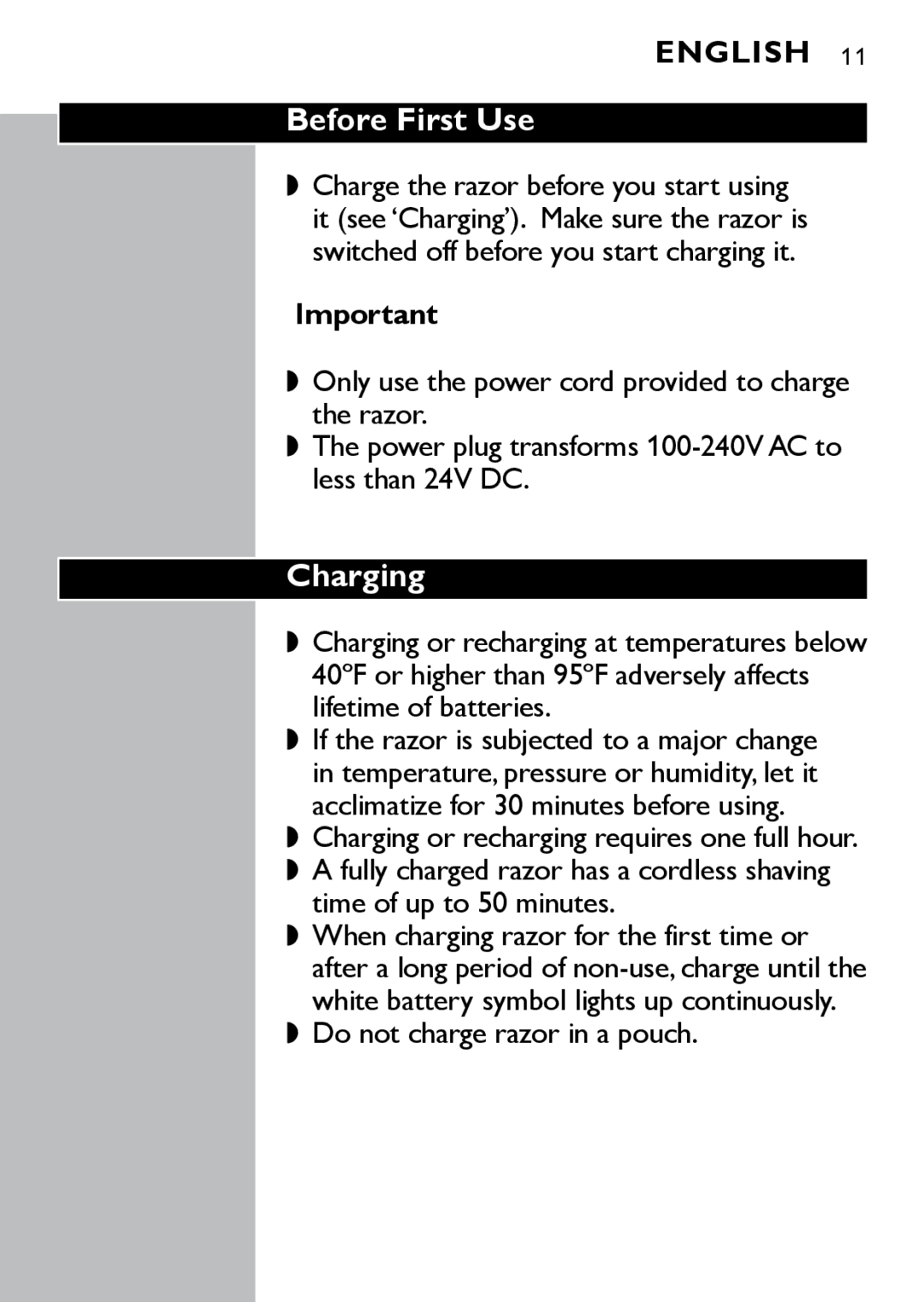 Philips AT830, AT875, AT895 manual Before First Use, Charging, Do not charge razor in a pouch 