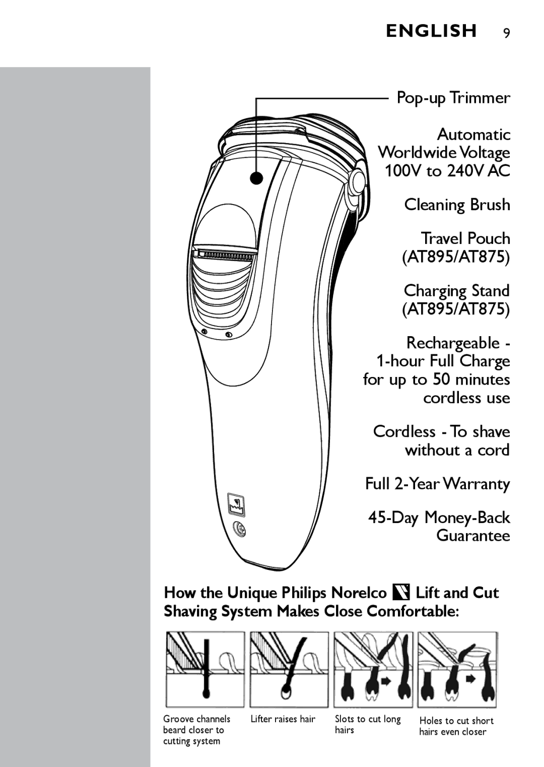 Philips AT875, AT895, AT830 manual Pop-up Trimmer, Cleaning Brush, Full 2-Year Warranty 