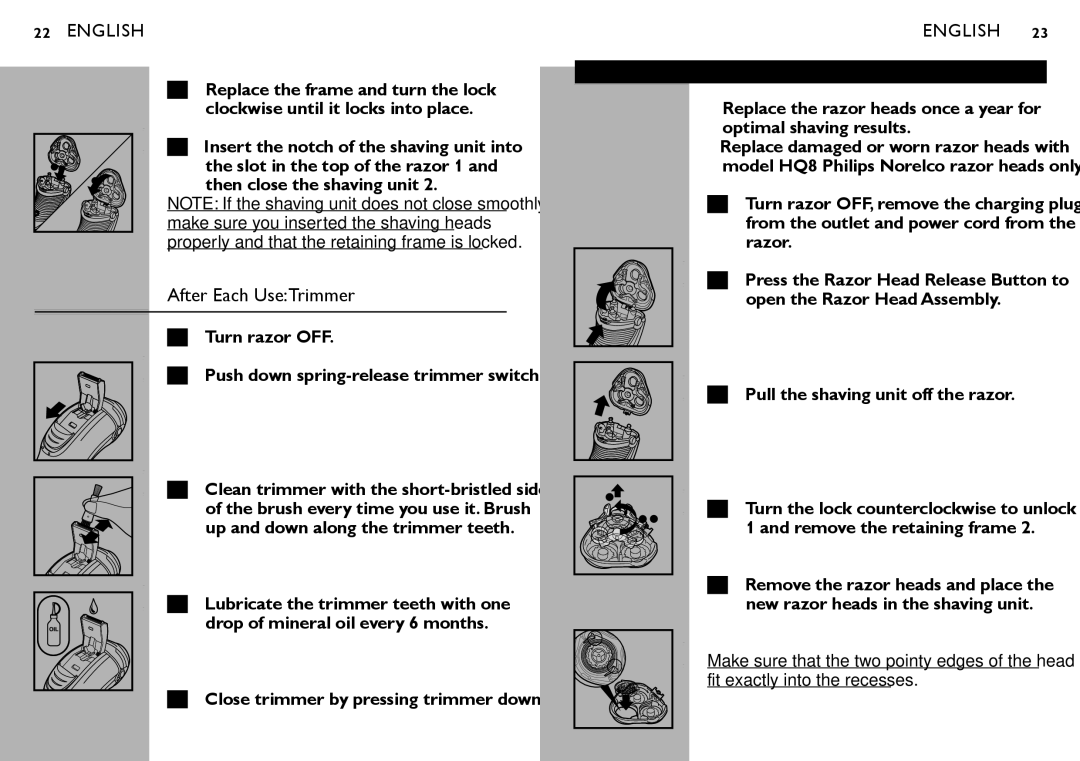 Philips at880 manual After Each UseTrimmer, Replacing the Razor Heads 