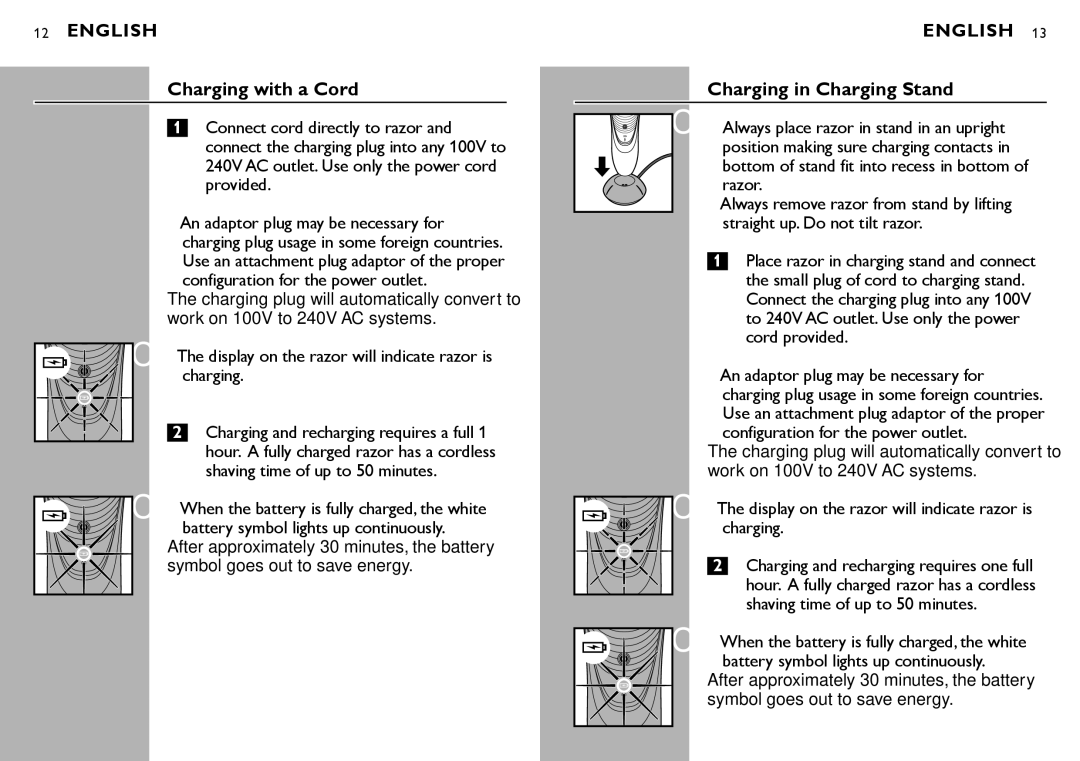 Philips at880 manual Charging with a Cord, Charging in Charging Stand, Display on the razor will indicate razor is charging 