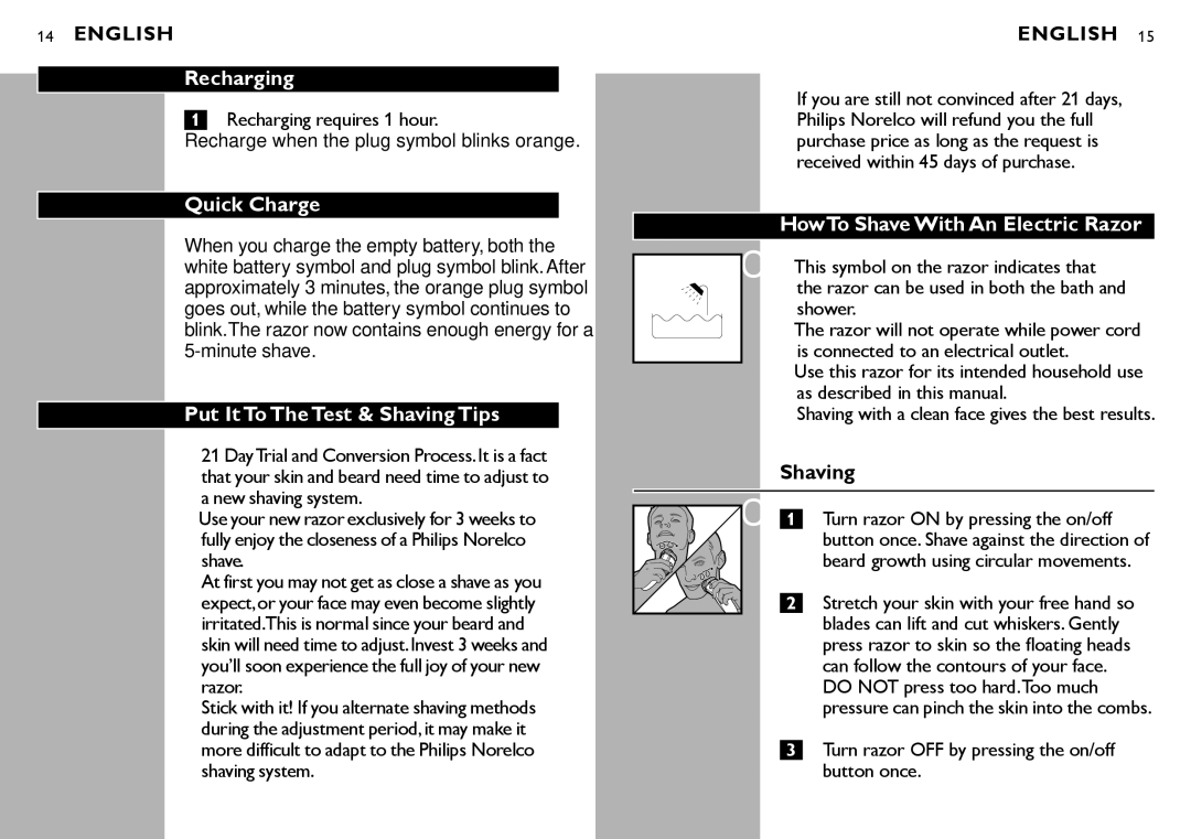 Philips at880 manual Recharging, Quick Charge, Put It To The Test & Shaving Tips, HowTo Shave With An Electric Razor 
