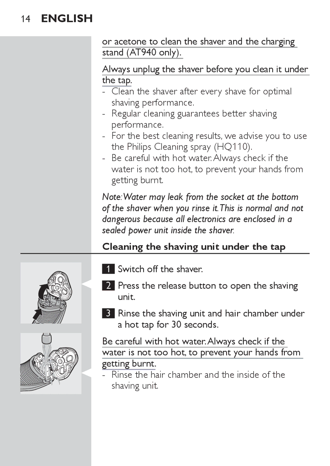 Philips AT750, AT890, AT753, AT893, AT752 manual Cleaning the shaving unit under the tap 