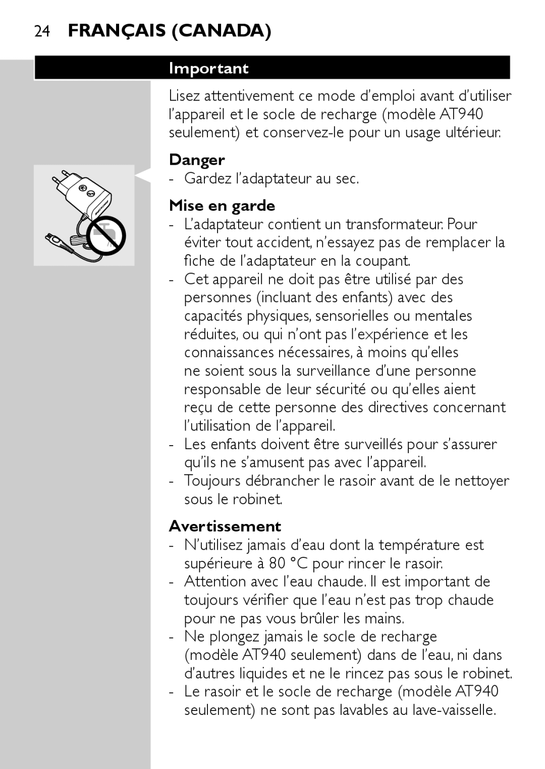 Philips AT750, AT890, AT753, AT893, AT752 manual Mise en garde, Avertissement 