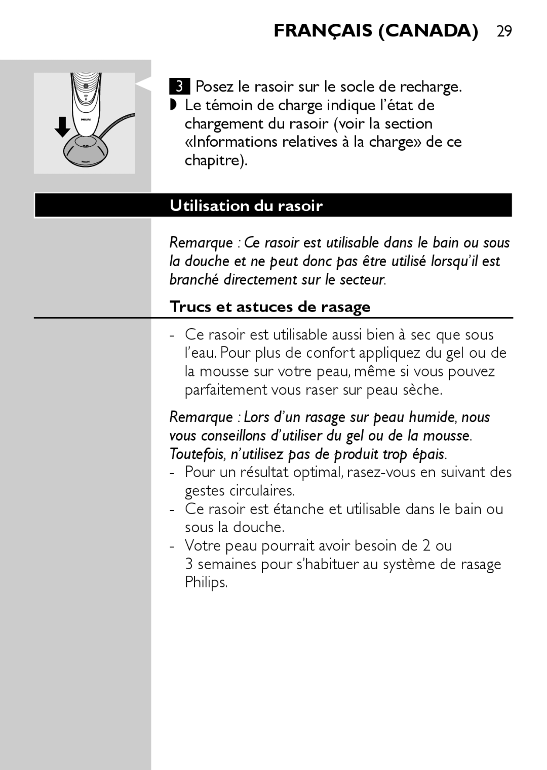 Philips AT750, AT890, AT753, AT893, AT752 manual Utilisation du rasoir, Trucs et astuces de rasage 