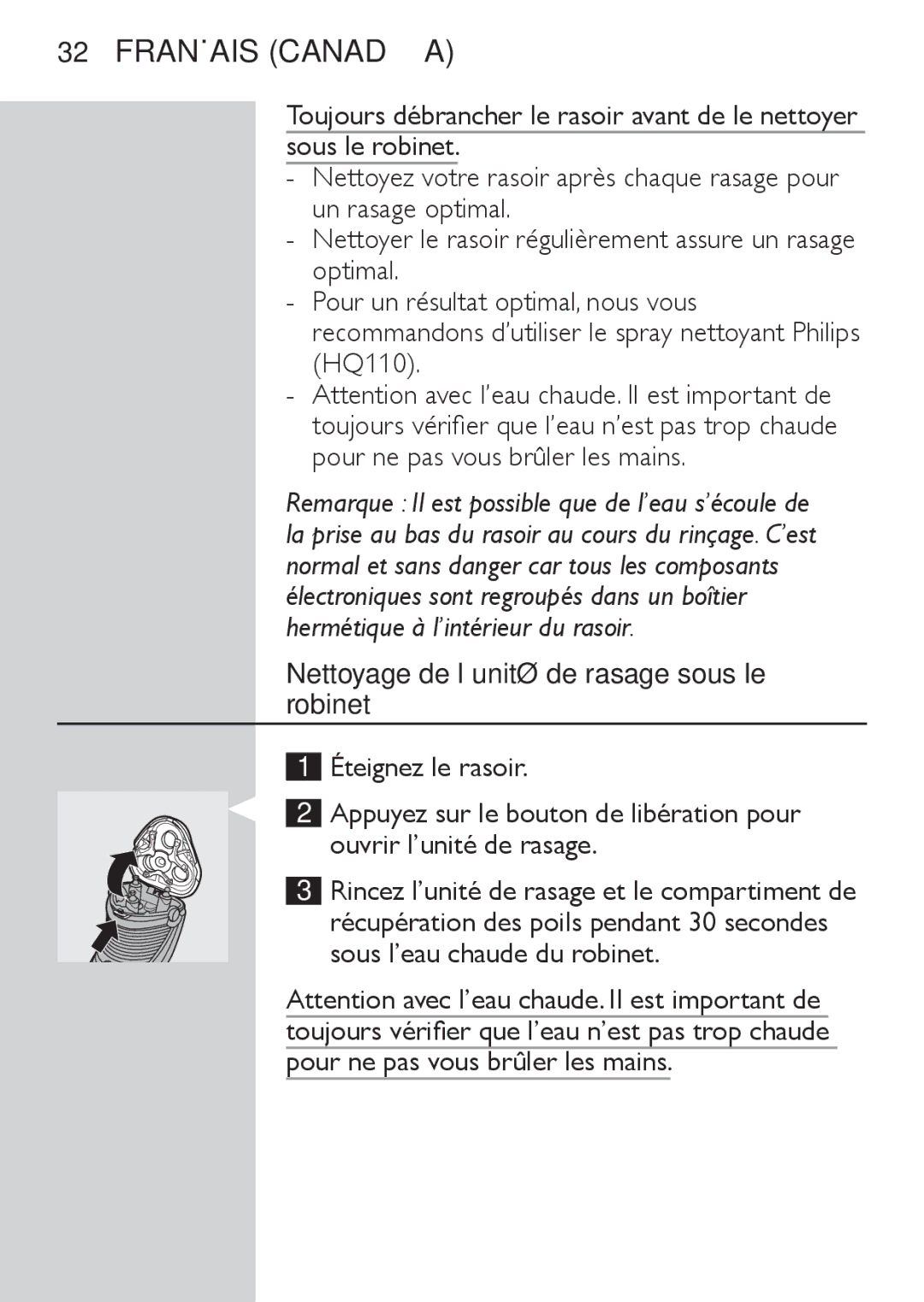 Philips AT893, AT890, AT753, AT752, AT750 manual Nettoyage de l’unité de rasage sous le robinet 