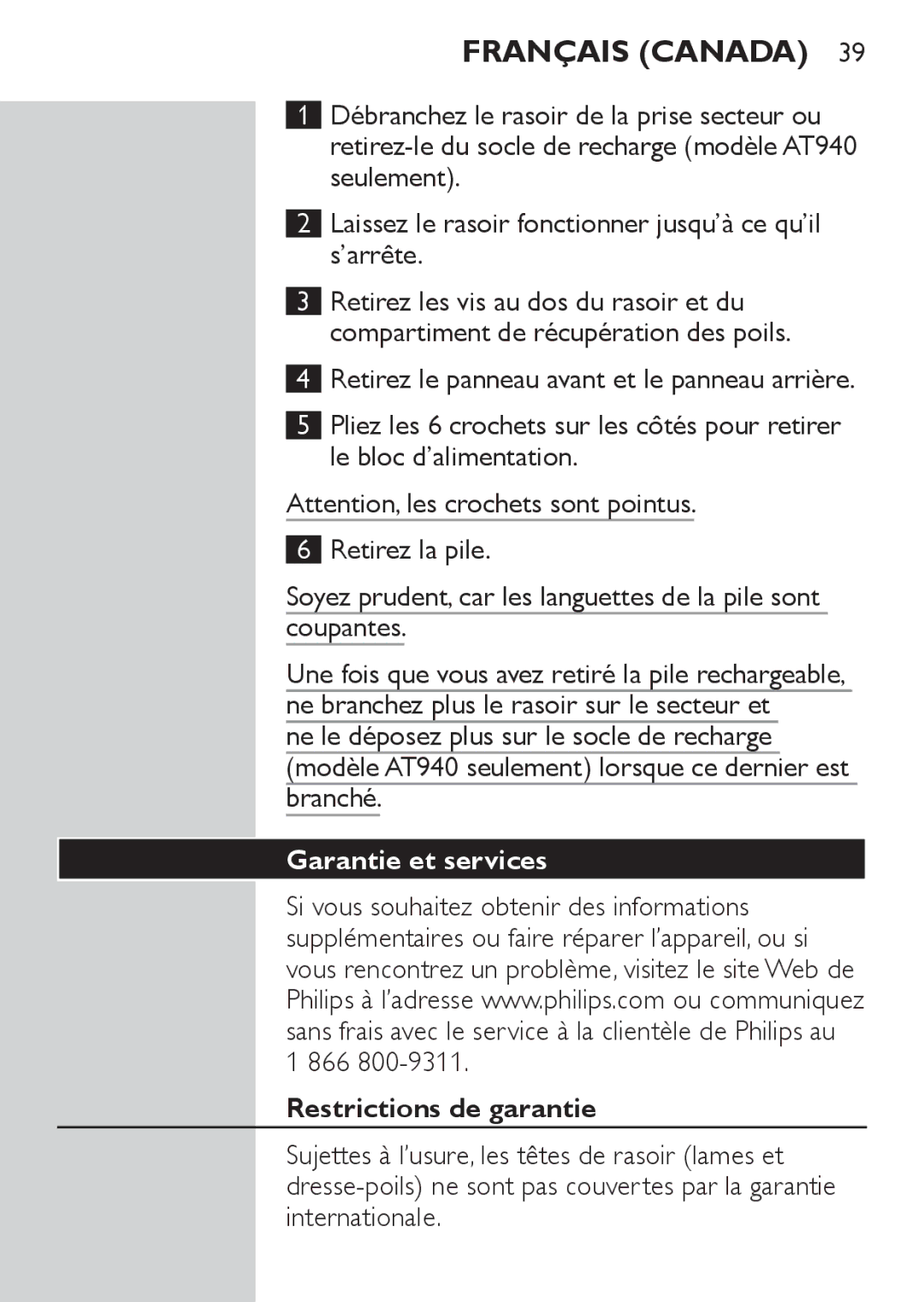 Philips AT750, AT890, AT753, AT893, AT752 manual Garantie et services, Restrictions de garantie 