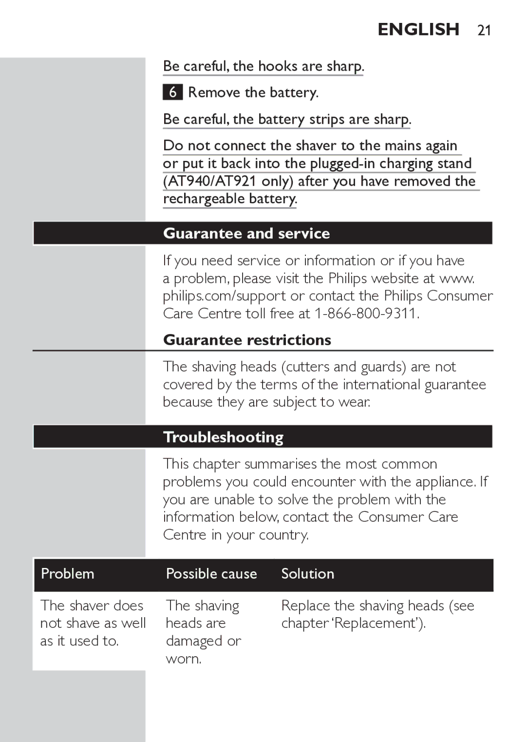 Philips AT921 manual Guarantee and service, Guarantee restrictions, Troubleshooting 