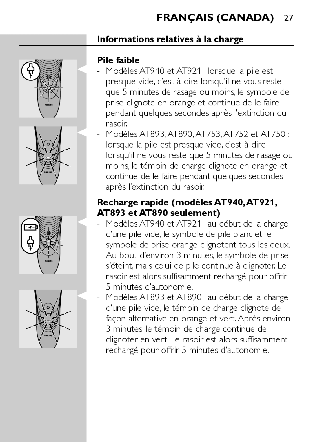 Philips AT921 manual Informations relatives à la charge Pile faible 