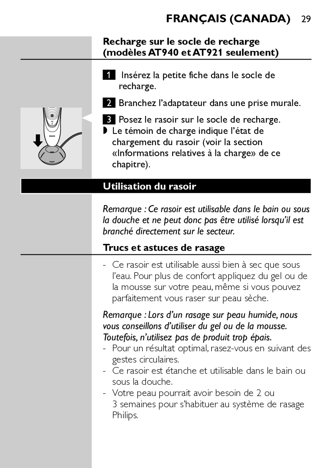 Philips AT921 manual Utilisation du rasoir, Trucs et astuces de rasage 