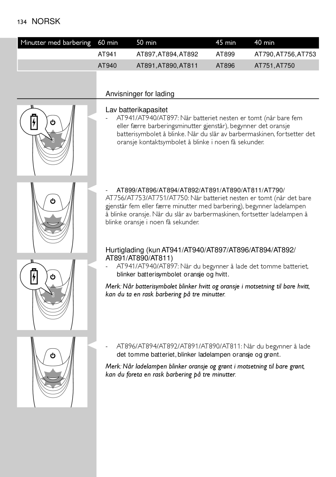 Philips AT894, AT941, AT890 Minutter med barbering 60 min 50 min 45 min 40 min, Anvisninger for lading Lav batterikapasitet 