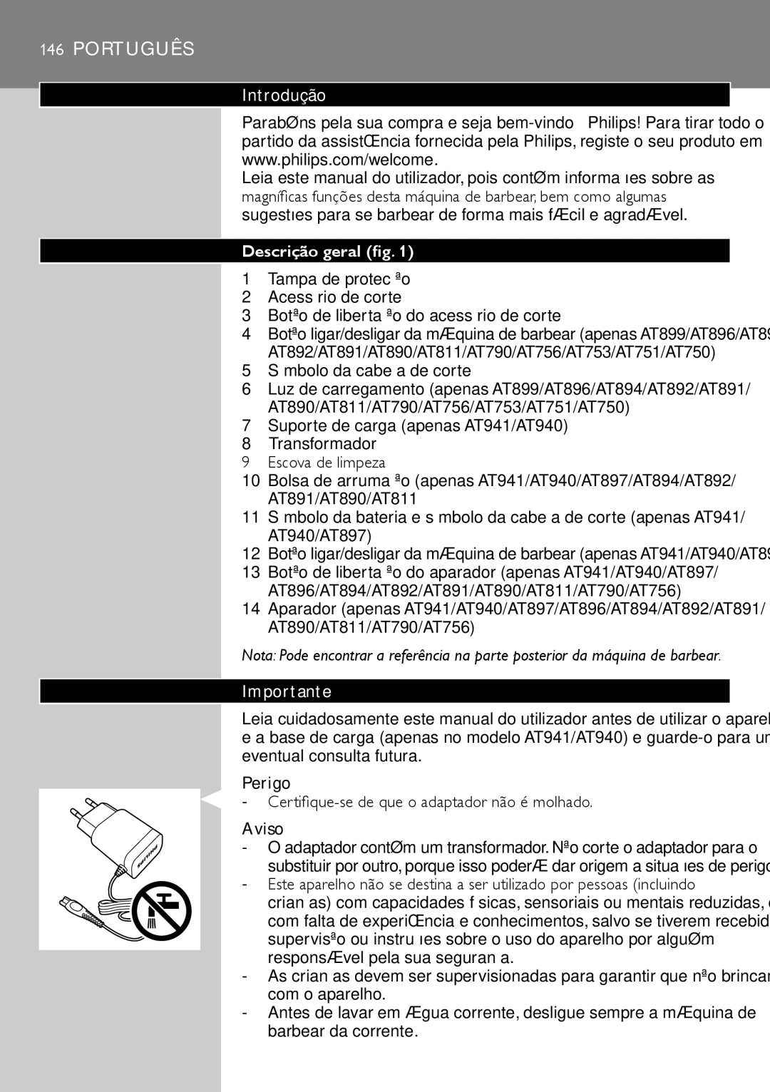 Philips AT940, AT941, AT890, AT891, AT894, AT751, AT753, AT896, AT897, AT811 Português, Introdução, Descrição geral, Perigo, Aviso 