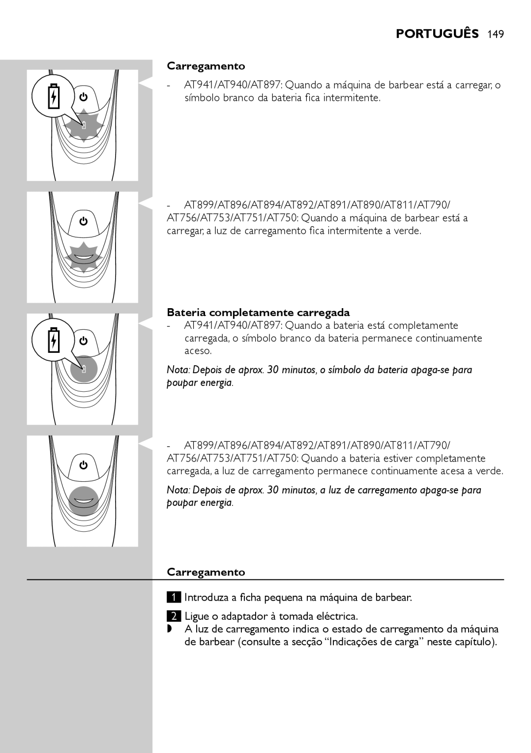 Philips AT753, AT941, AT890 Carregamento, Símbolo branco da bateria fica intermitente, Bateria completamente carregada 