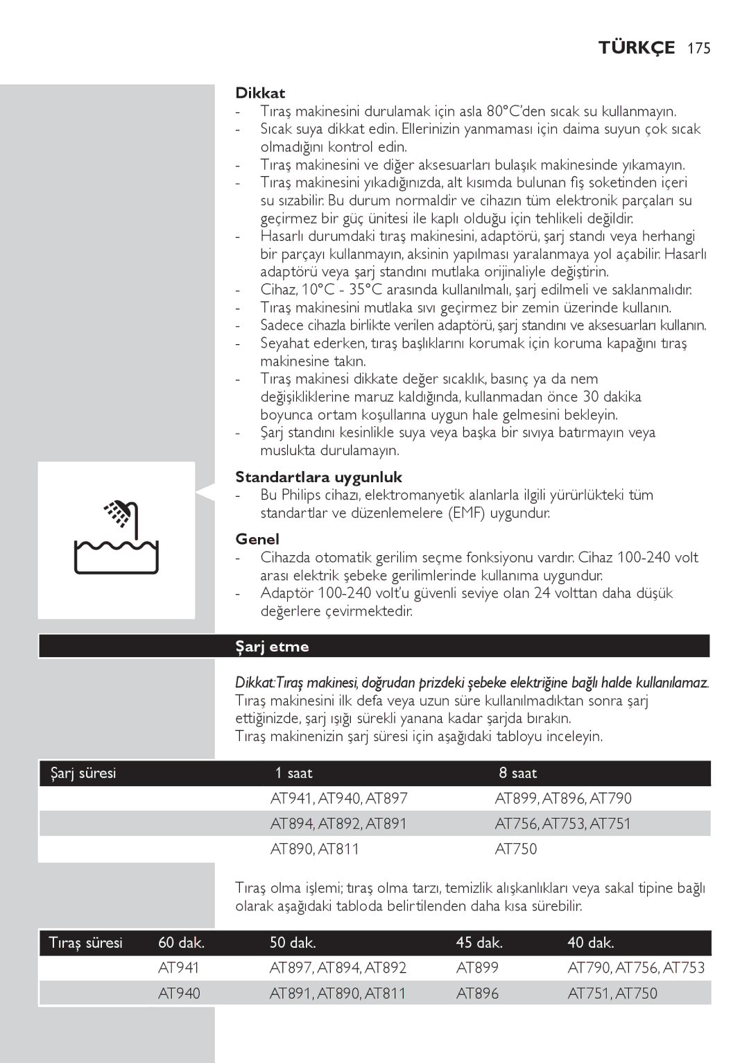 Philips AT753, AT941, AT890, AT891, AT940, AT894, AT751, AT896, AT897 Türkçe, Dikkat, Standartlara uygunluk, Genel, Şarj etme 