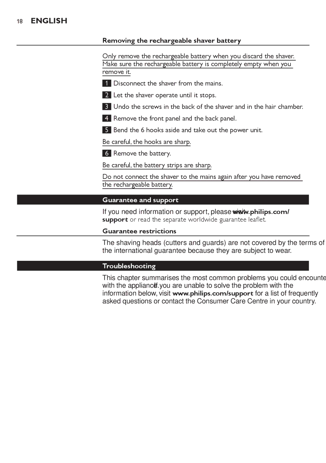 Philips AT751 Removing the rechargeable shaver battery, Guarantee and support, Guarantee restrictions, Troubleshooting 