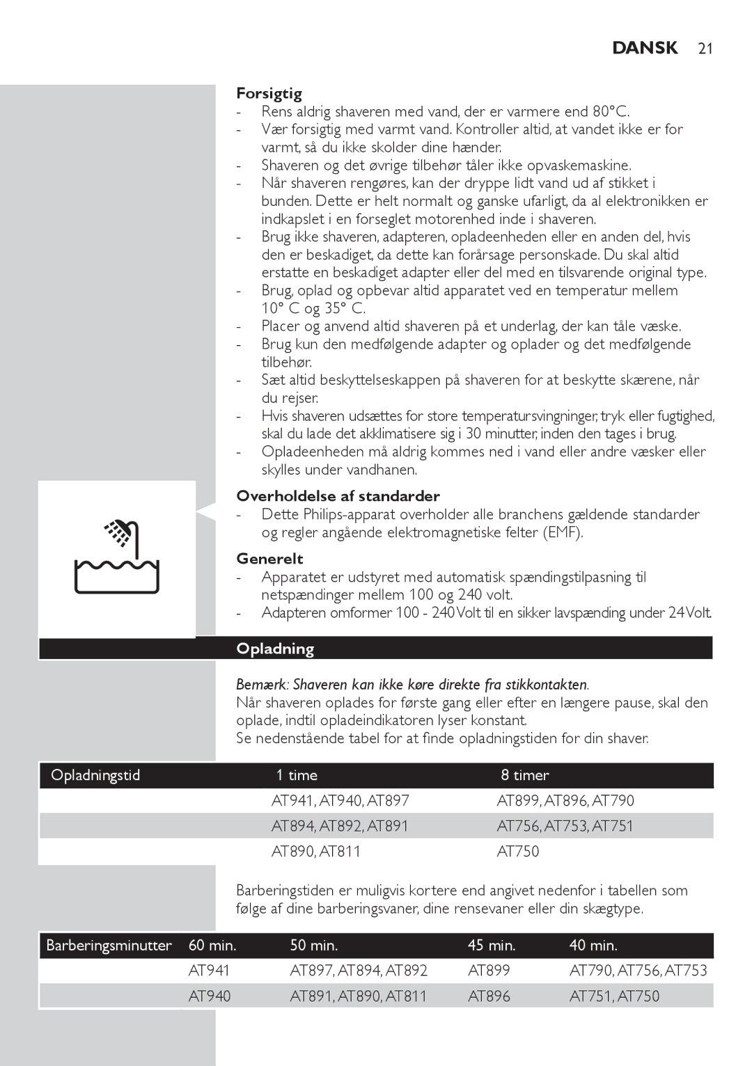 Philips AT897, AT941, AT890, AT891, AT940, AT894, AT751, AT753 Dansk, Forsigtig, Overholdelse af standarder, Generelt, Opladning 