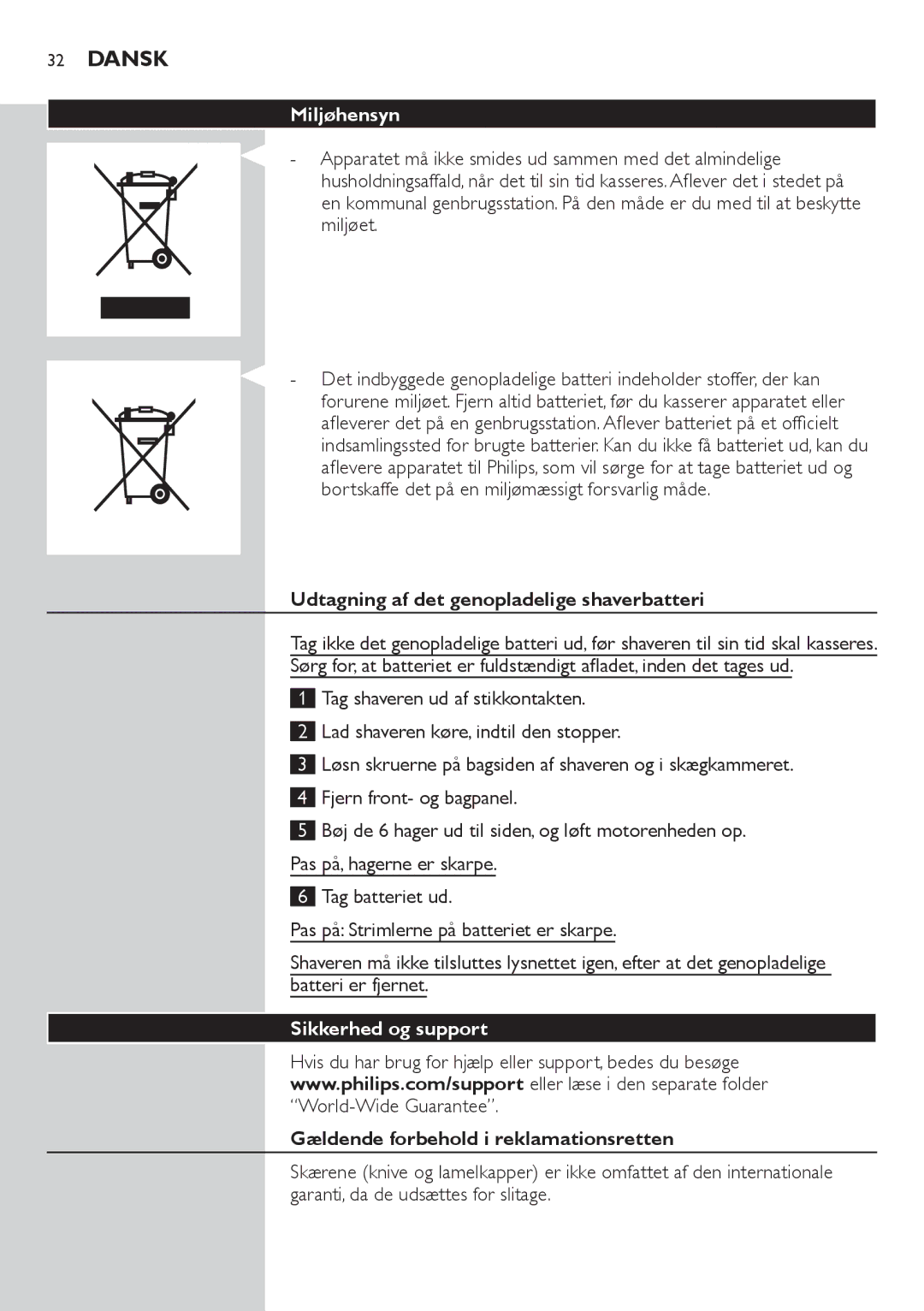 Philips AT753, AT941, AT890, AT891, AT940 Miljøhensyn, Udtagning af det genopladelige shaverbatteri, Sikkerhed og support 