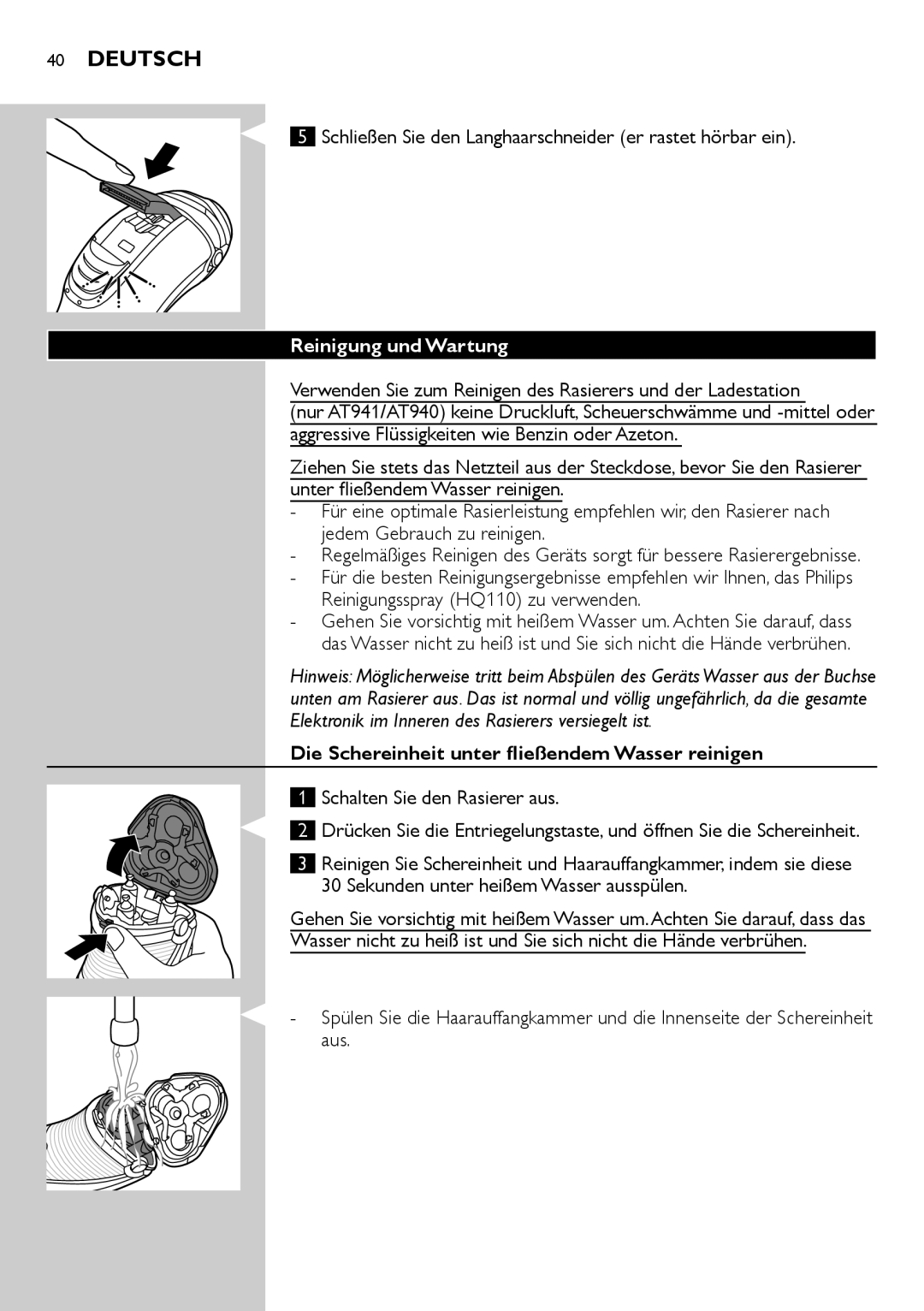 Philips AT890, AT941, AT891, AT940, AT894 Schließen Sie den Langhaarschneider er rastet hörbar ein, Reinigung und Wartung 