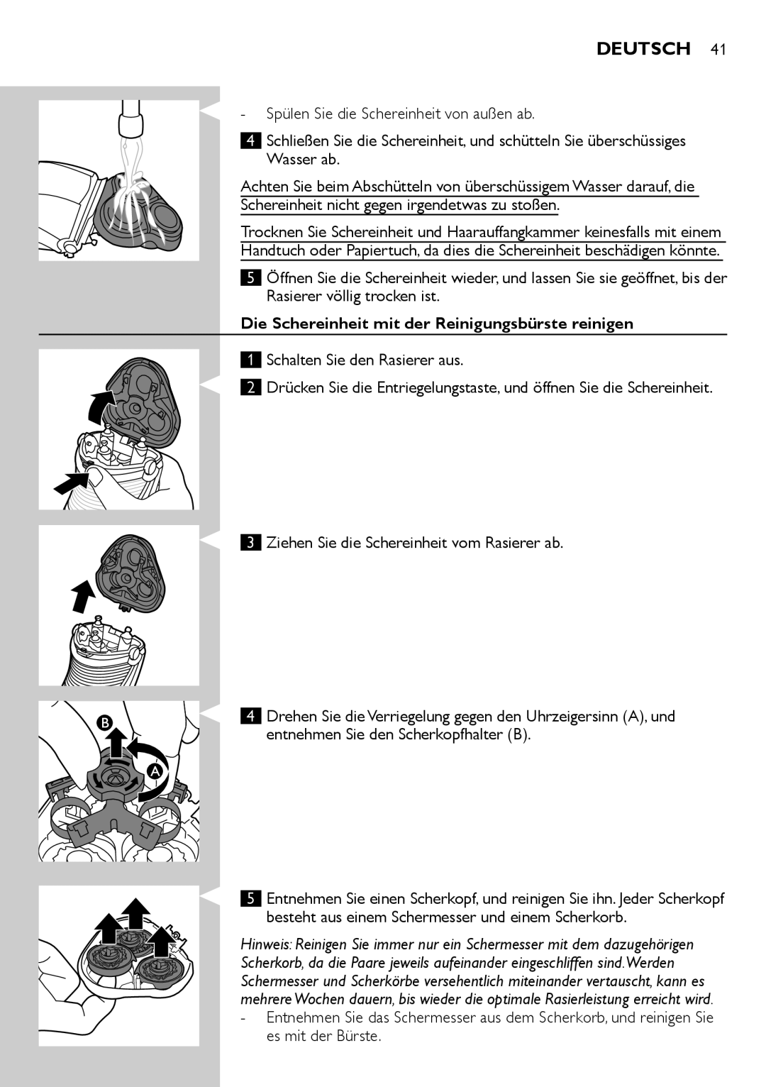 Philips AT891, AT941, AT890, AT940, AT894, AT751, AT753 Die Schereinheit mit der Reinigungsbürste reinigen, Es mit der Bürste 