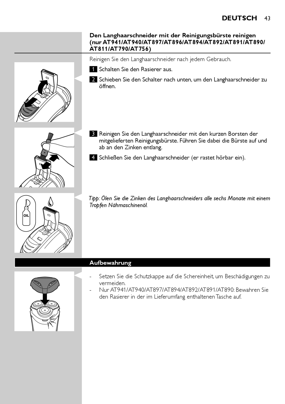 Philips AT894, AT941, AT890, AT891, AT940, AT751, AT753, AT896, AT897, AT811, AT790, AT899, AT756 user manual Aufbewahrung 