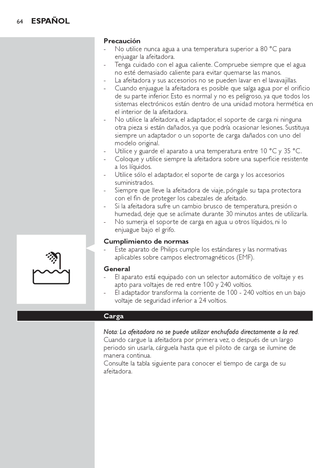 Philips AT756, AT941, AT890, AT891, AT940, AT894, AT751, AT753, AT896, AT897 Español, Precaución, Cumplimiento de normas, Carga 