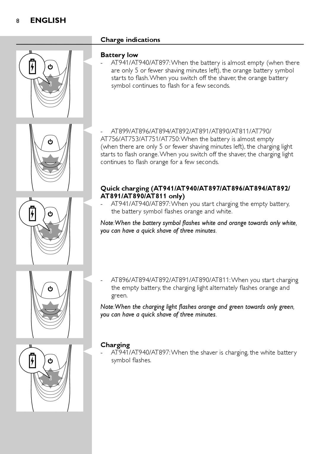 Philips AT897, AT941, AT890, AT891, AT940, AT894, AT751, AT753, AT896, AT811, AT790, AT899 Charge indications Battery low, Charging 