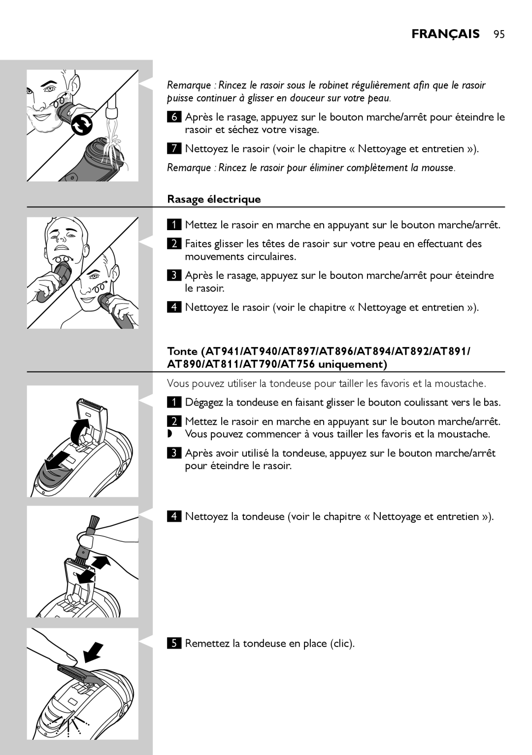 Philips AT894, AT941, AT890, AT891, AT940, AT751, AT753, AT896, AT897, AT811, AT790, AT899, AT756 user manual Rasage électrique 