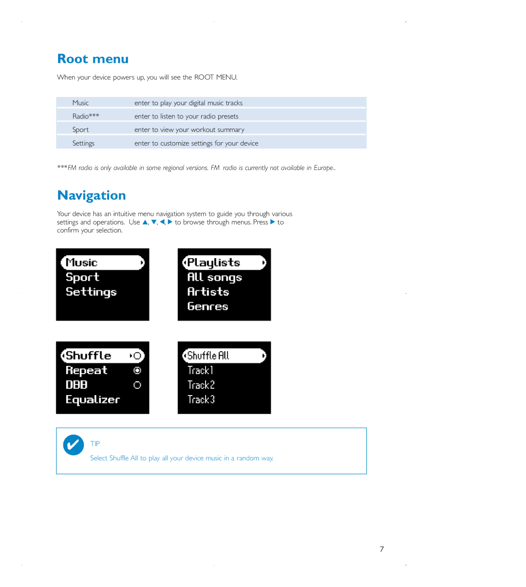 Philips audio players user manual Root menu, Navigation 