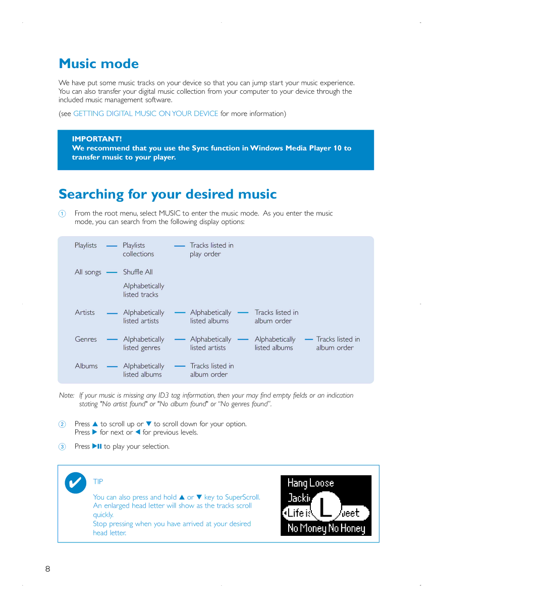 Philips audio players user manual Music mode, Searching for your desired music 