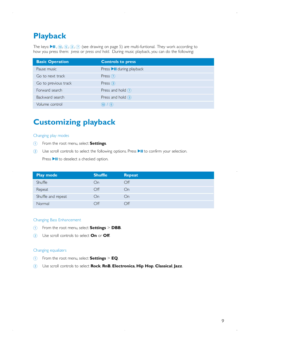 Philips audio players user manual Playback, Customizing playback 