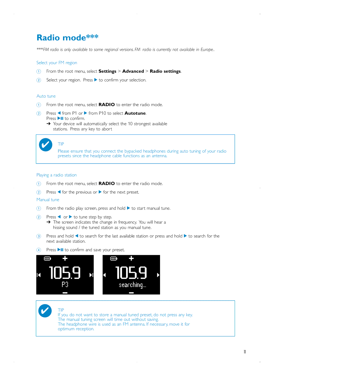 Philips audio players user manual Radio mode, Select your FM region 