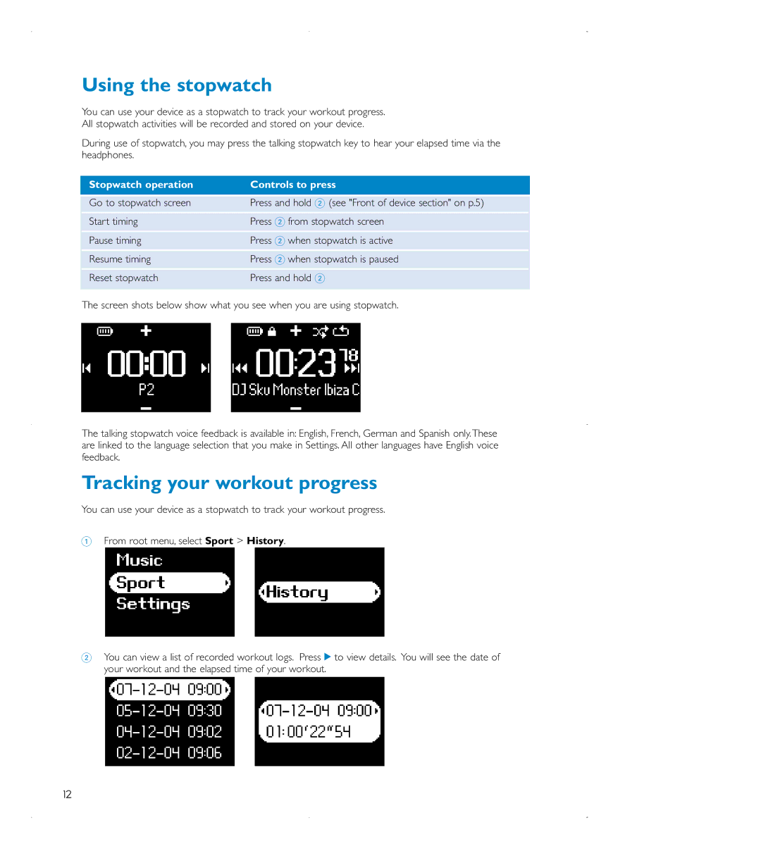 Philips audio players user manual Using the stopwatch, Tracking your workout progress 