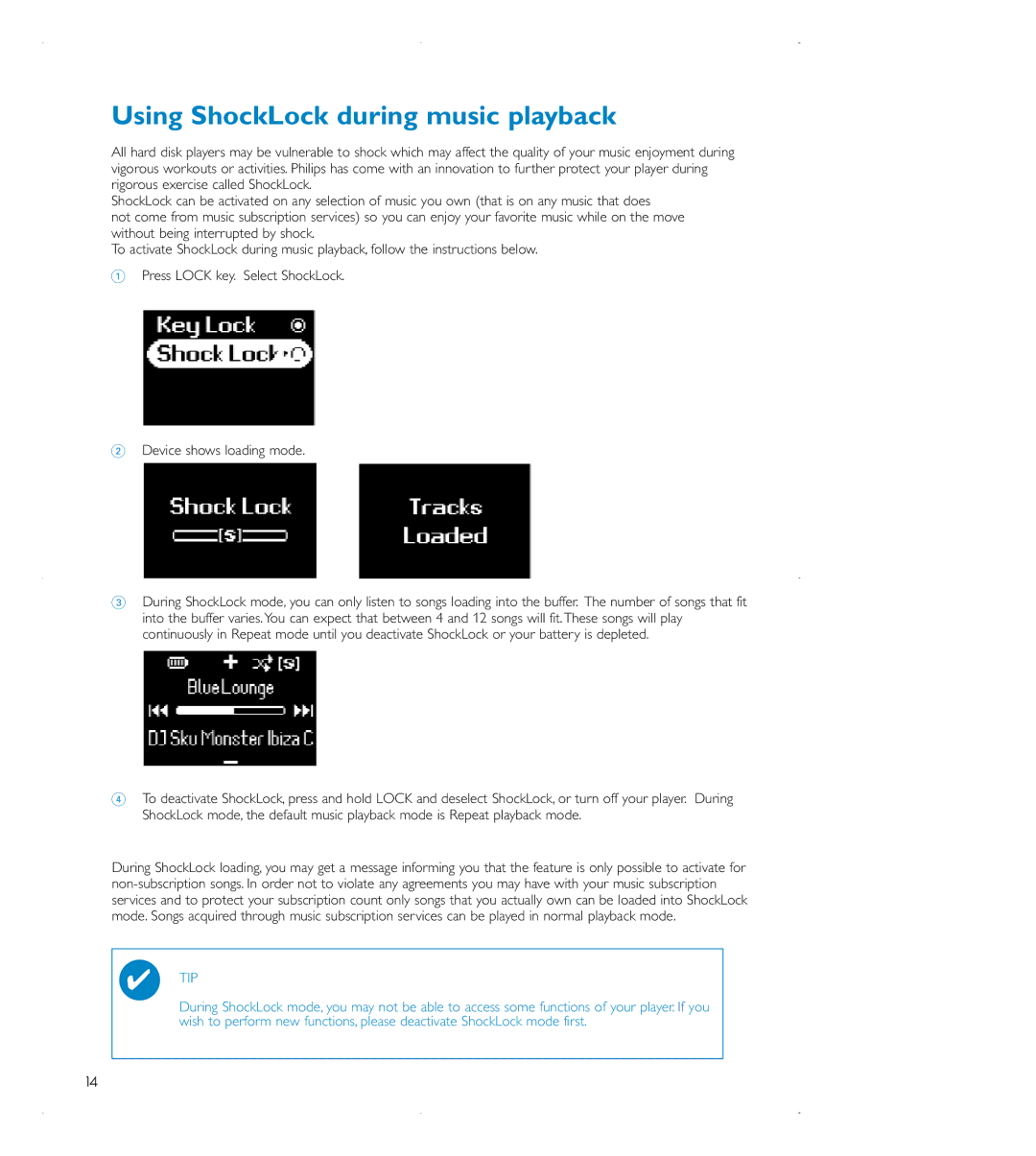 Philips audio players user manual Using ShockLock during music playback 