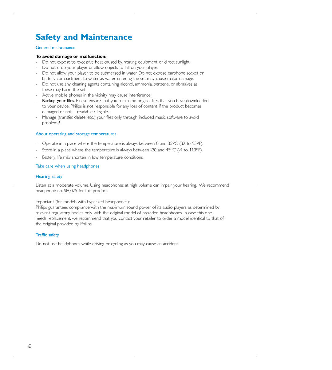 Philips audio players user manual Safety and Maintenance, To avoid damage or malfunction 