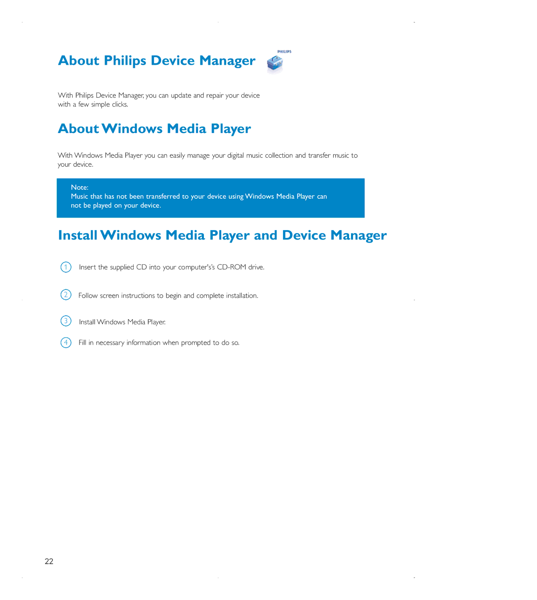 Philips audio players user manual About Philips Device Manager, About Windows Media Player 