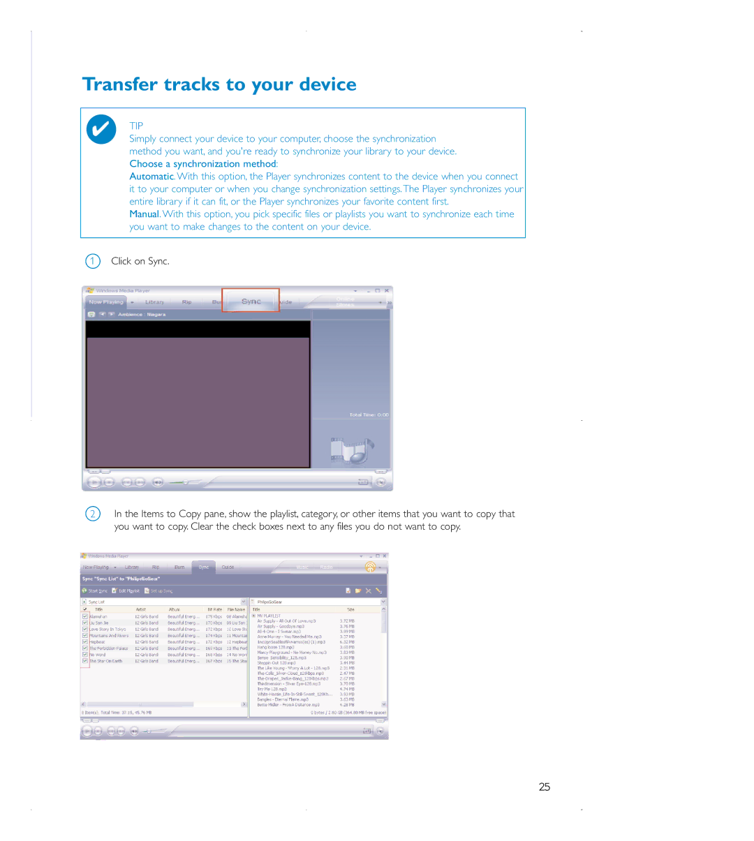 Philips audio players user manual Transfer tracks to your device, Click on Sync 