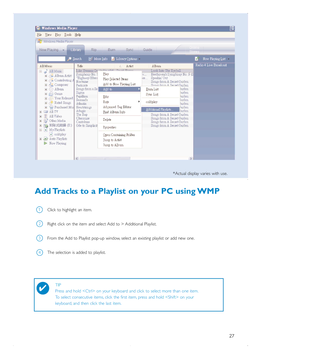 Philips audio players user manual Add Tracks to a Playlist on your PC using WMP 